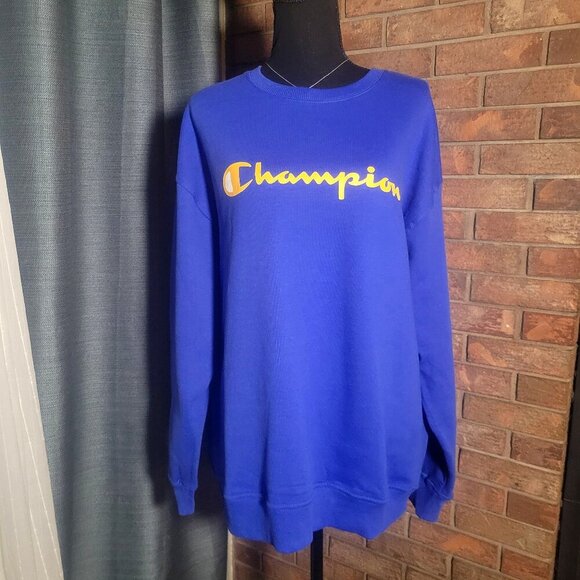 Champion Reverse Weave Crewneck Sweatshirt - Women's Blue w/Yellow Print - 2XL - Picture 1 of 9